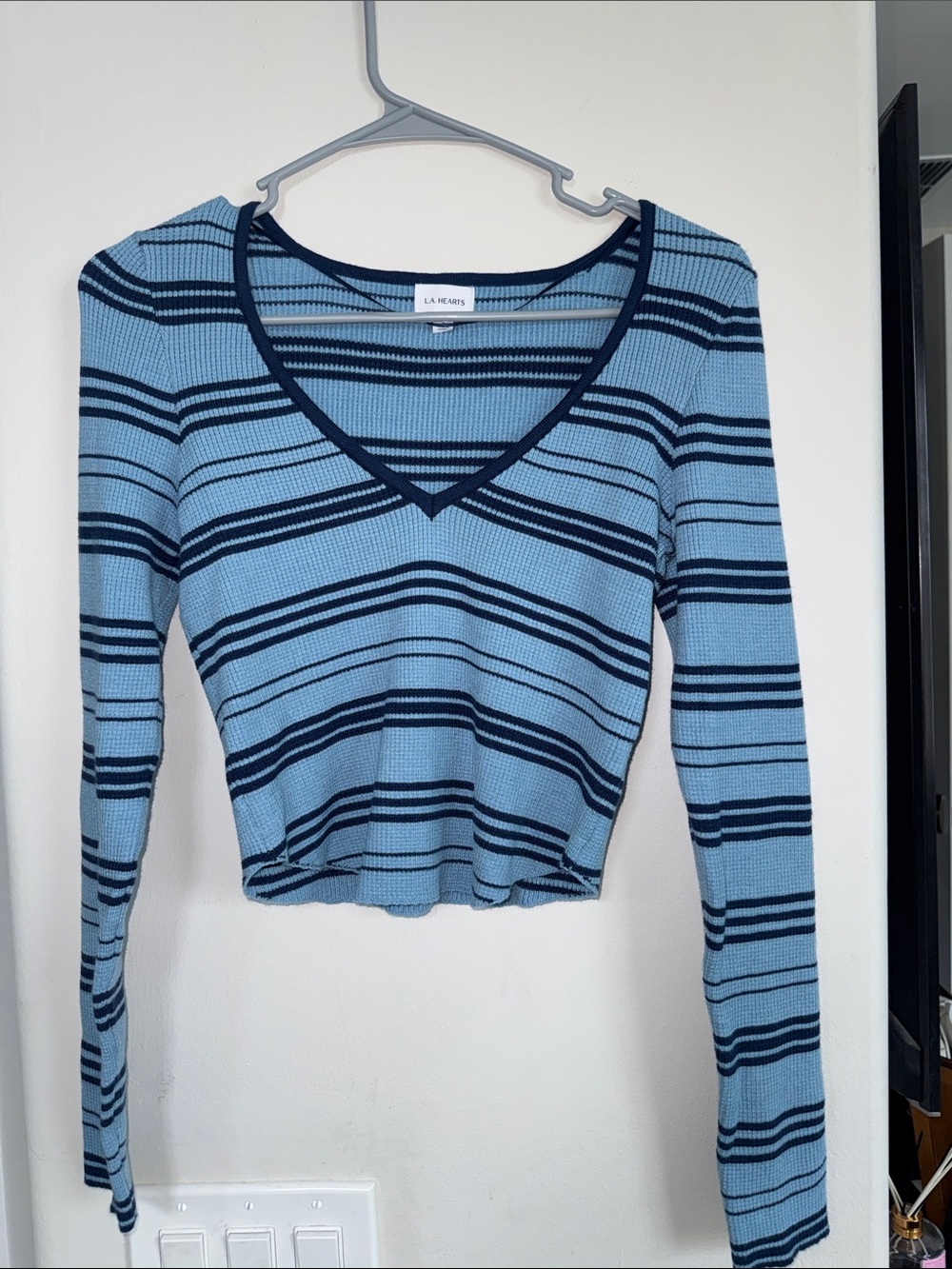 La Hearts Light Blue and Navy Striped V-Neck Long Sleeve Top